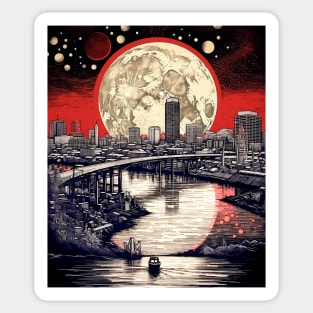 Full Sturgeon and Blue Moon Over Portland, Oregon on a Dark Background Sticker